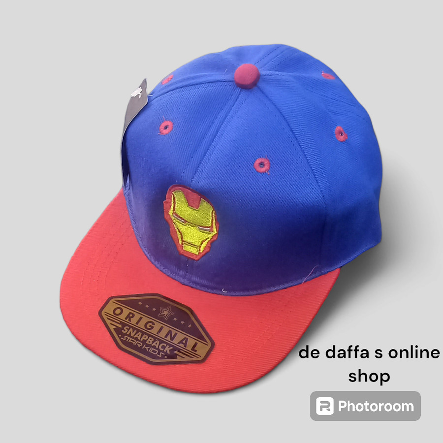Read more about the article Topi Snapback Anak Bordir Superhero iron man biru